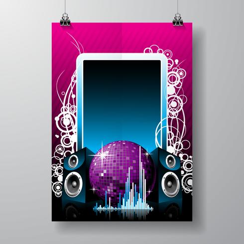 vector illustration for musical theme with speakers and disco ball on text space.