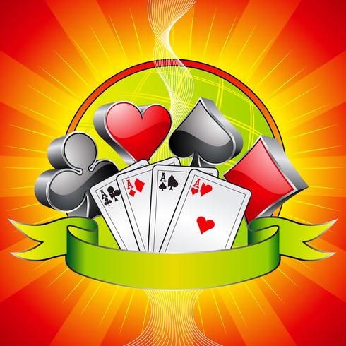 Gambling illustration with 3d casino symbols, cards and ribbon. vector