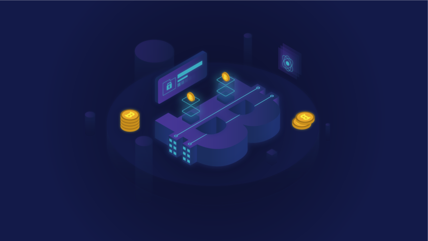 Isometric Glowing Bitcoin Blockchain Illustration vector