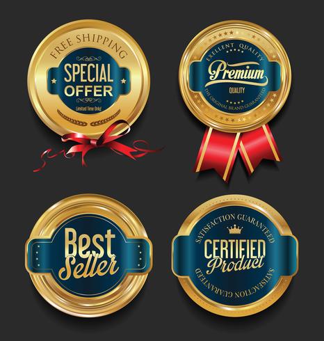 Insignias y etiquetas de oro premium de lujo vector