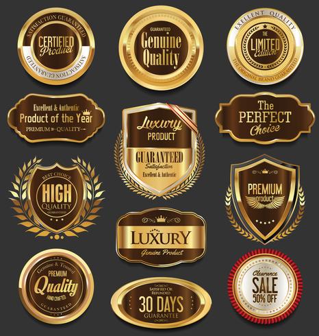 Insignias y etiquetas de oro premium de lujo vector