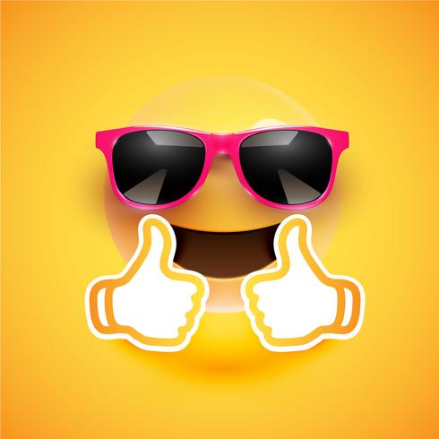 Realistic emoticon with sunglasses and thumbs up, vector illustration