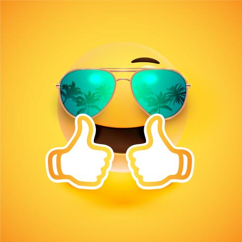 Realistic emoticon with sunglasses and thumbs up, vector illustration