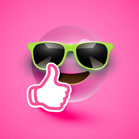 Realistic emoticon with sunglasses and thumbs up, vector illustration