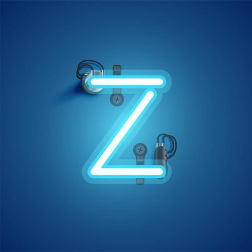 Blue realistic neon character with wires and console from a fontset, vector illustration