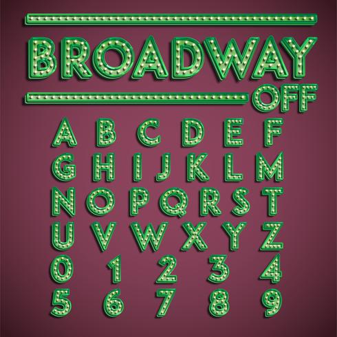 'Broadway' fontset with lamps, vector illustration