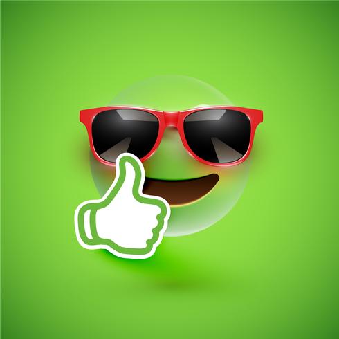 Emoticon realista con gafas de sol y pulgares arriba, ilustración vectorial vector