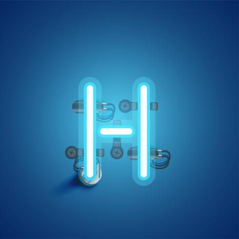 Blue realistic neon character with wires and console from a fontset, vector illustration