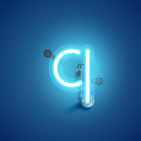 Blue realistic neon character with wires and console from a fontset, vector illustration