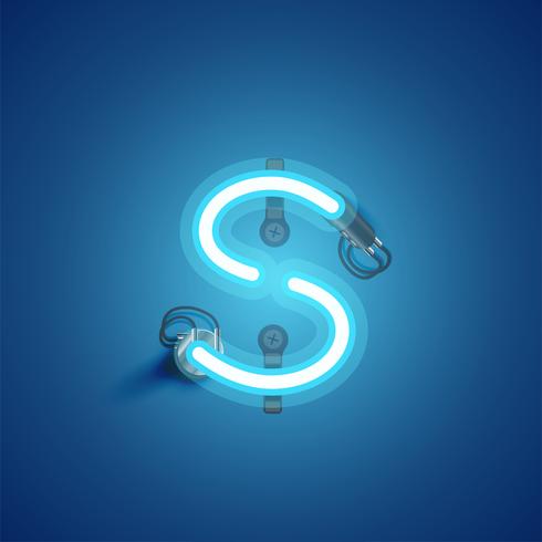 Blue realistic neon character with wires and console from a fontset, vector illustration