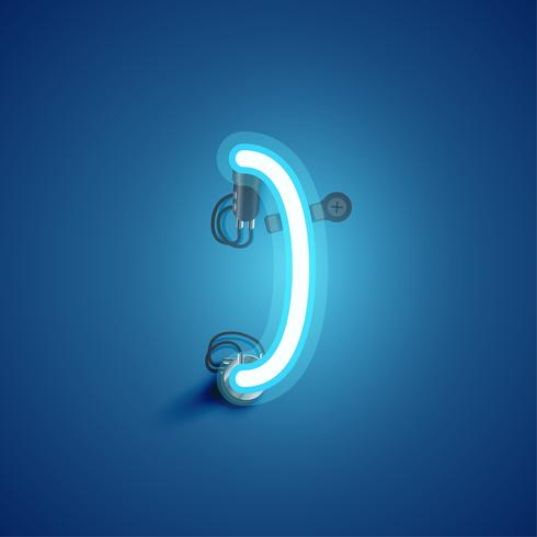 Blue realistic neon character with wires and console from a fontset, vector illustration