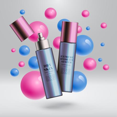 Realistic beauty products with colorful background, vector illustration