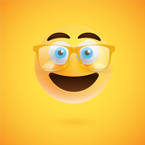 3D yellow emoticon with eyeglasses, vector illustration