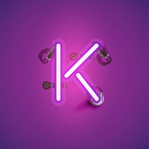 Pink realistic neon character with wires and console from a fontset, vector illustration