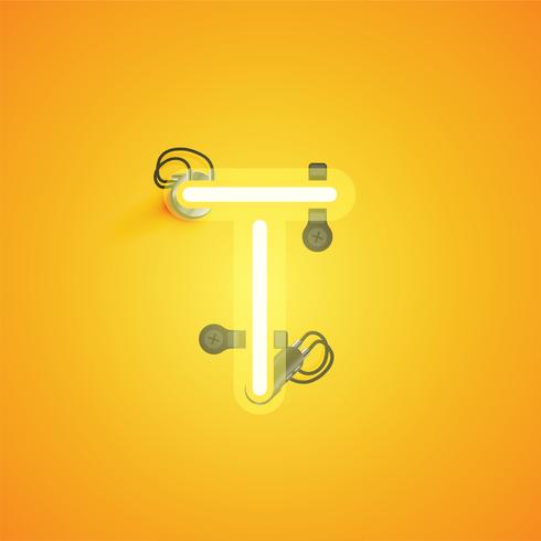 Yellow realistic neon character with wires and console from a fontset, vector illustration