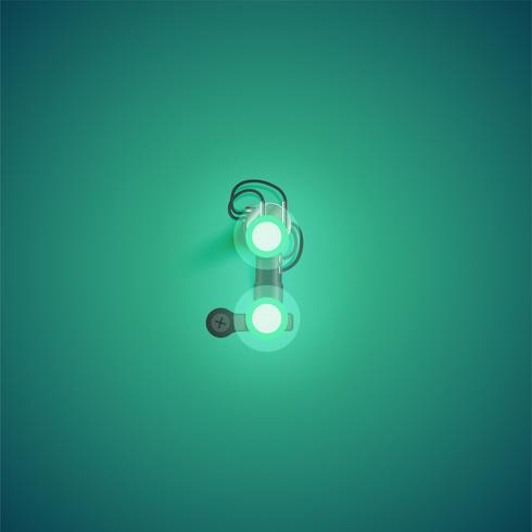 Green realistic neon character with wires and console from a fontset, vector illustration