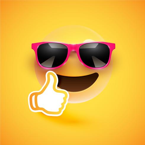 Realistic emoticon with sunglasses and thumbs up, vector illustration