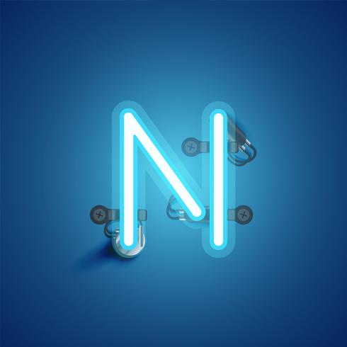 Blue realistic neon character with wires and console from a fontset, vector illustration