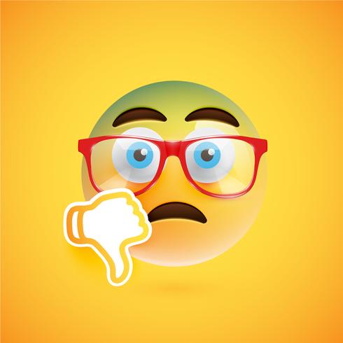 Emoticon with thumbs down and eyeglass, vector illustration