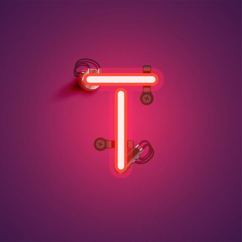 Red realistic neon character with wires and console from a fontset, vector illustration