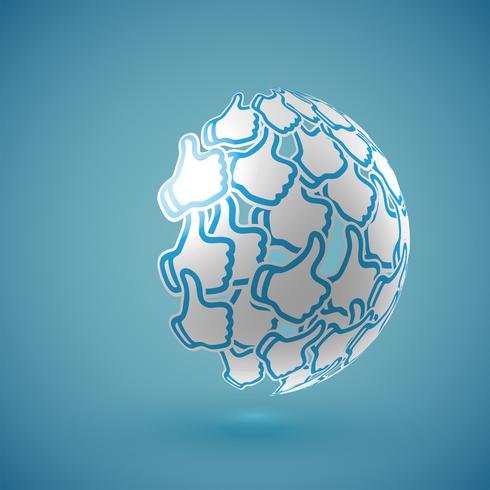 Blue realistic shaded 'thumbs up' globe with connections, vector illustration