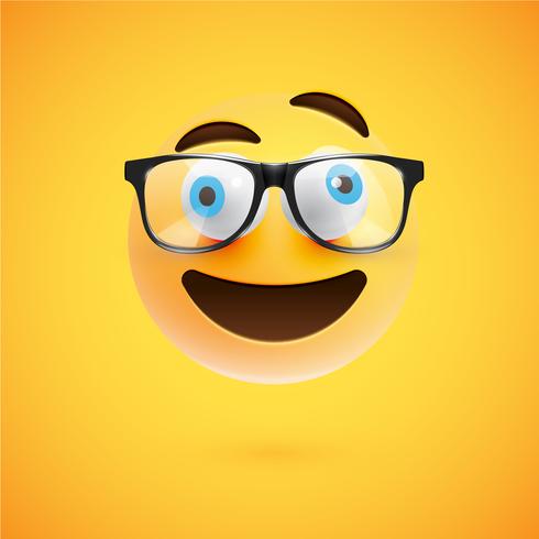 3D yellow emoticon with eyeglasses, vector illustration
