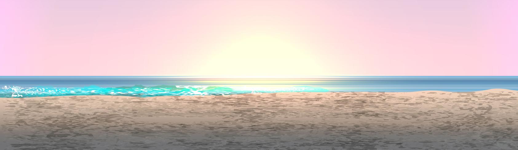 Paisaje realista de una playa con puesta de sol / amanecer, ilustración vectorial vector