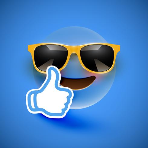 Realistic emoticon with sunglasses and thumbs up, vector illustration