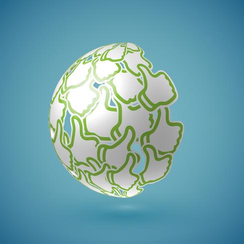 Blue realistic shaded 'thumbs up' globe with connections, vector illustration