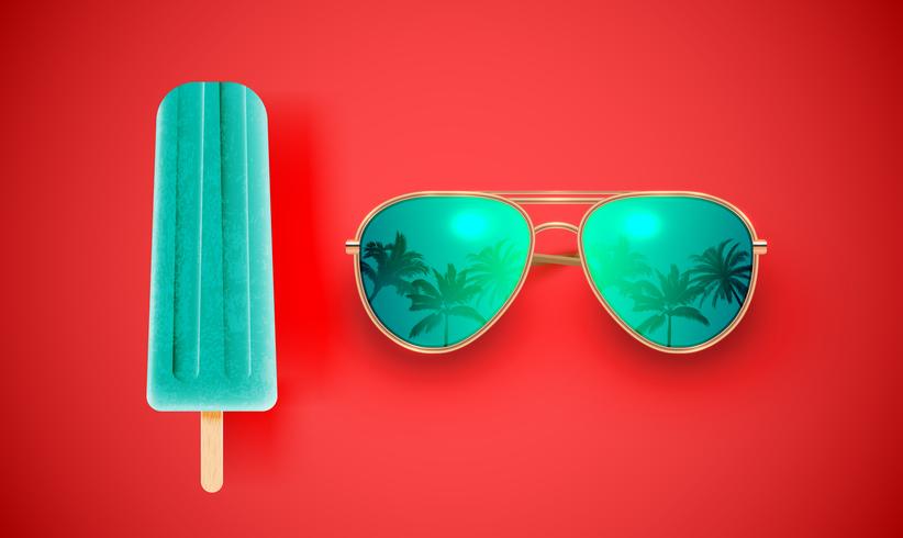 Gafas de sol realistas con helado en el fondo colorido, ilustración vectorial vector