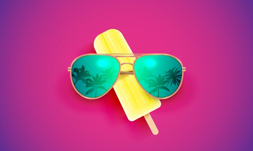 Realistic sunglasses with ice cream on colorful background, vector