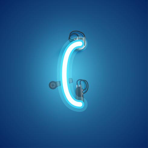 Blue realistic neon character with wires and console from a fontset, vector illustration