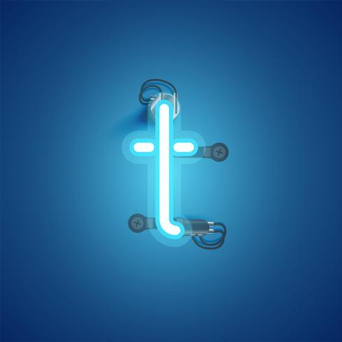 Blue realistic neon character with wires and console from a fontset, vector illustration