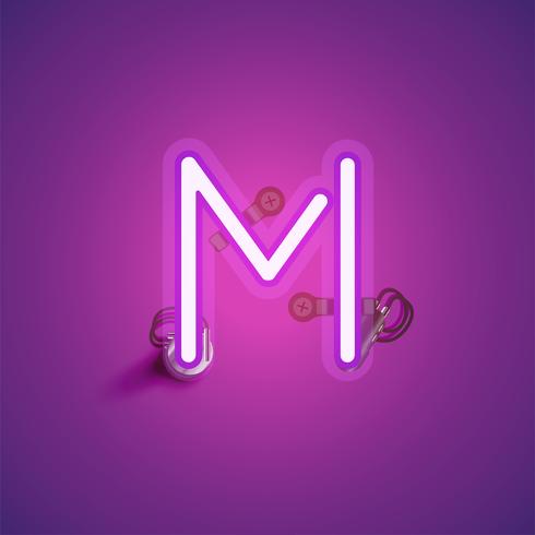 Pink realistic neon character with wires and console from a fontset, vector illustration