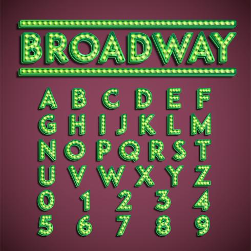 'Broadway' fontset with lamps, vector illustration