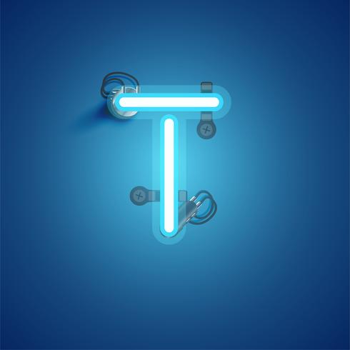 Blue realistic neon character with wires and console from a fontset, vector illustration