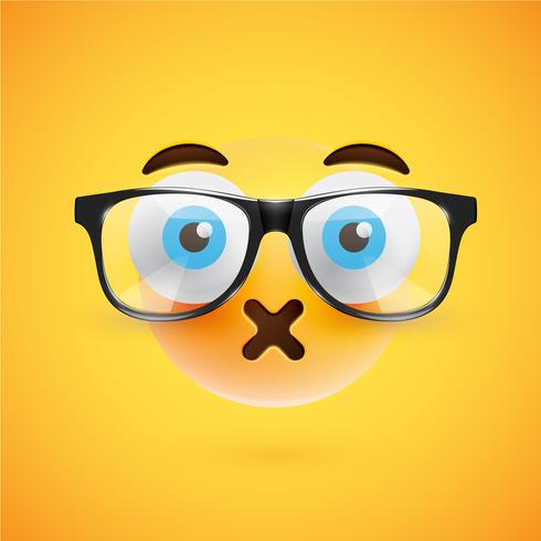 3D yellow emoticon with eyeglasses, vector illustration