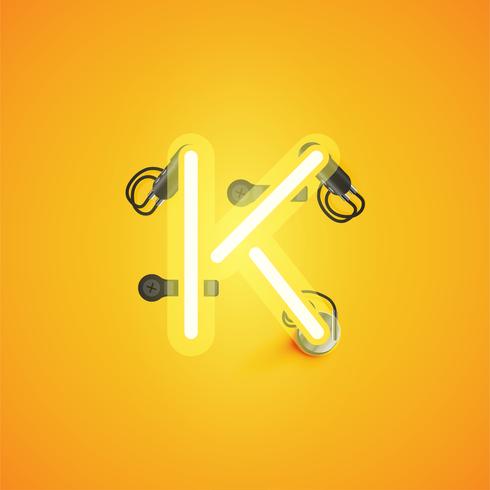 Yellow realistic neon character with wires and console from a fontset, vector illustration