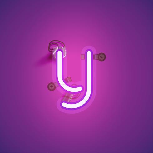 Pink realistic neon character with wires and console from a fontset, vector illustration