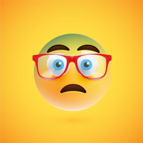 3D yellow emoticon with eyeglasses, vector illustration