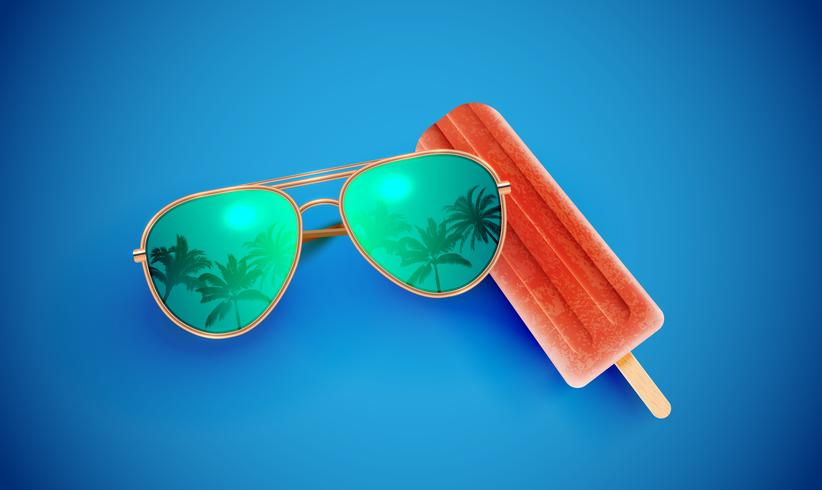 Realistic sunglasses with ice cream on colorful background, vector illustration