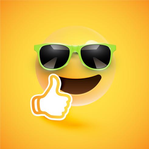 Realistic emoticon with sunglasses and thumbs up, vector illustration