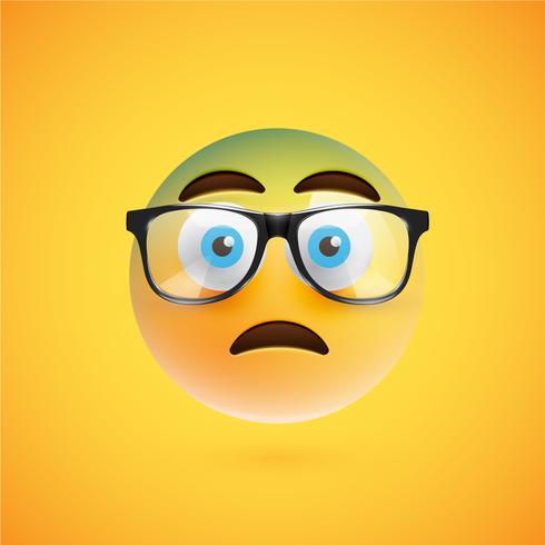 3D yellow emoticon with eyeglasses, vector illustration