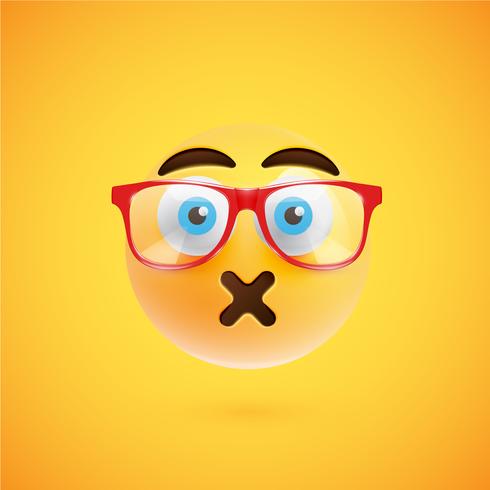 3D yellow emoticon with eyeglasses, vector illustration