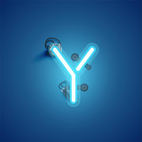 Blue realistic neon character with wires and console from a fontset, vector illustration