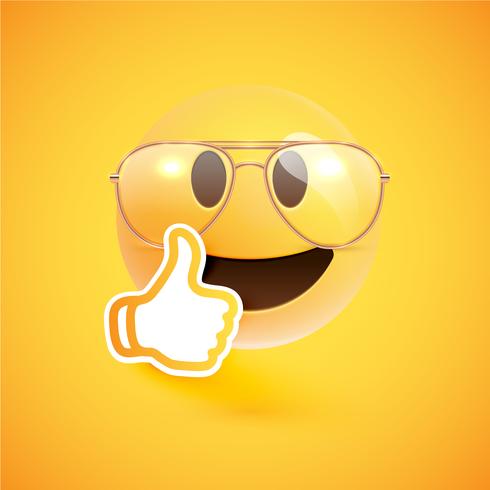 Realistic emoticon with eyeglasses and thumbs up, vector illustration