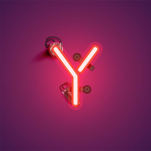 Red realistic neon character with wires and console from a fontset, vector illustration