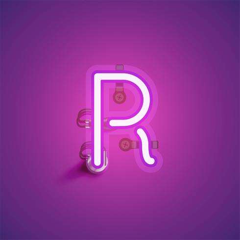 Pink realistic neon character with wires and console from a fontset, vector illustration