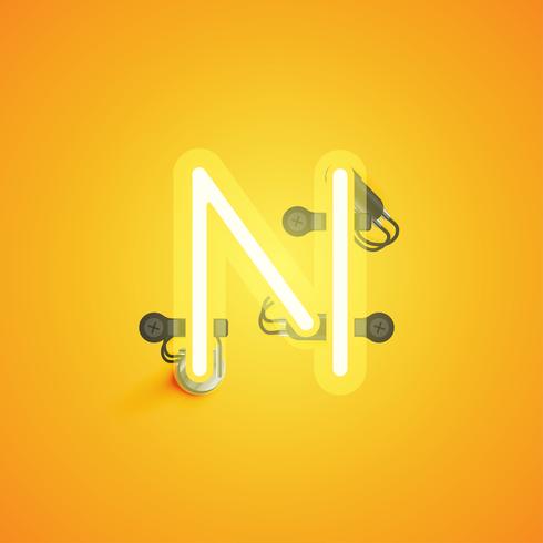 Yellow realistic neon character with wires and console from a fontset, vector illustration