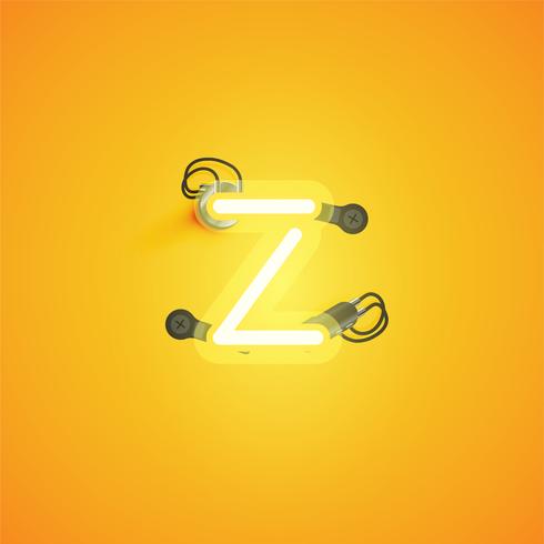 Yellow realistic neon character with wires and console from a fontset, vector illustration